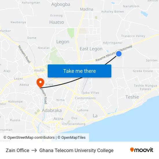 Zain Office to Ghana Telecom University College map