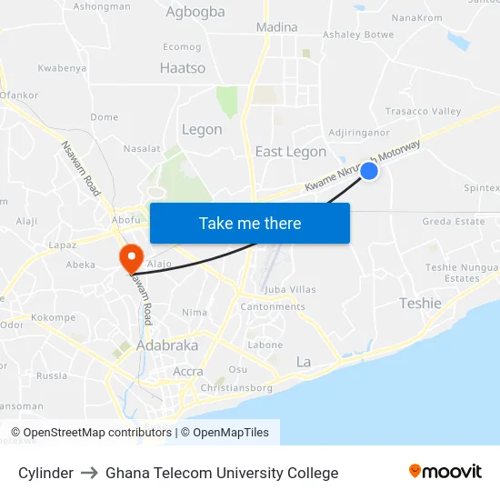 Cylinder to Ghana Telecom University College map