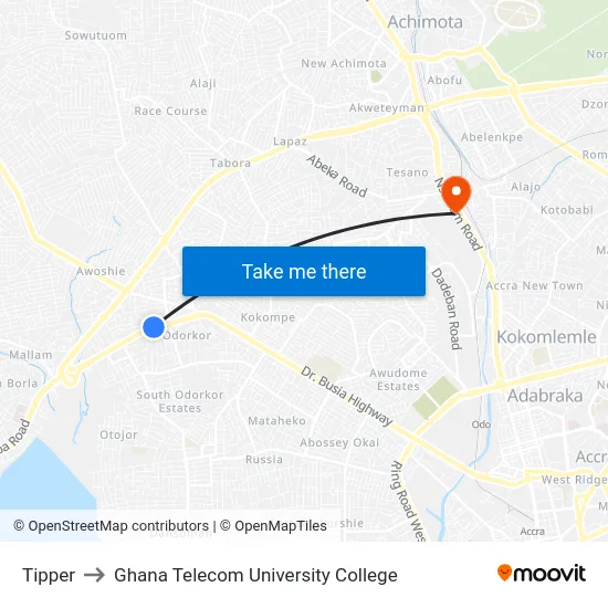 Tipper to Ghana Telecom University College map