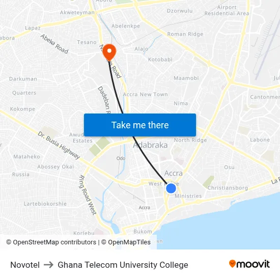 Novotel to Ghana Telecom University College map