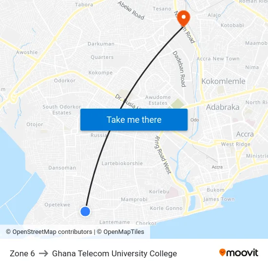 Zone 6 to Ghana Telecom University College map