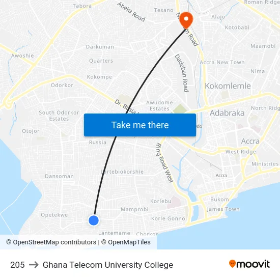 205 to Ghana Telecom University College map