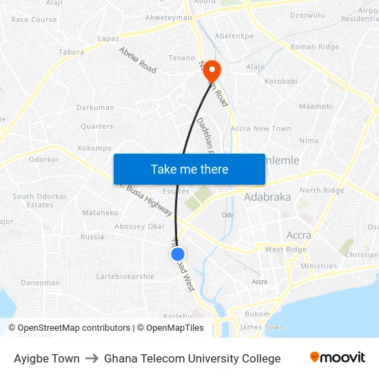 Ayigbe Town to Ghana Telecom University College map