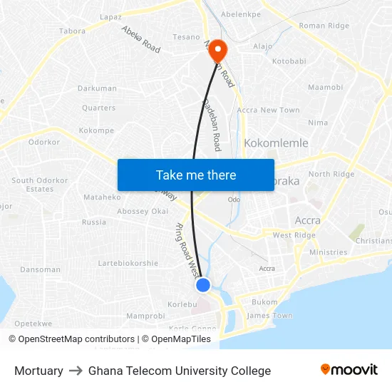 Mortuary to Ghana Telecom University College map