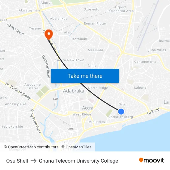 Osu Shell to Ghana Telecom University College map
