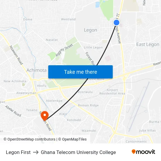 Legon First to Ghana Telecom University College map