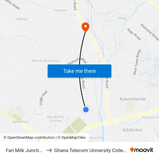 Fan Milk Junction to Ghana Telecom University College map
