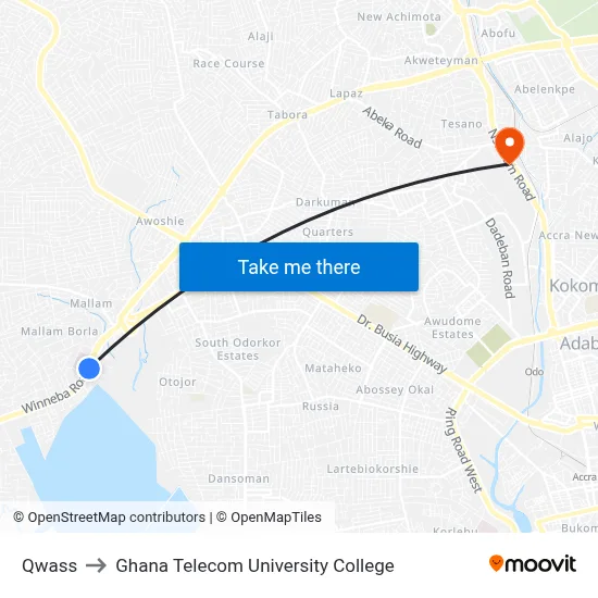Qwass to Ghana Telecom University College map