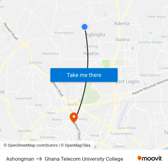 Ashongman to Ghana Telecom University College map