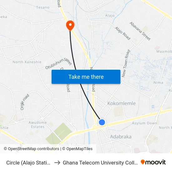 Circle (Alajo Station) to Ghana Telecom University College map
