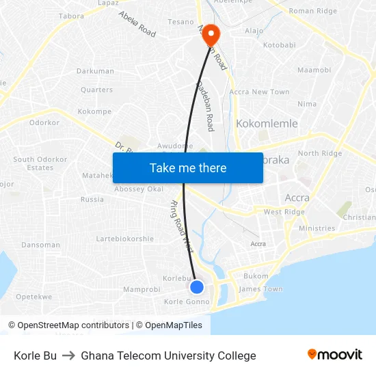 Korle Bu to Ghana Telecom University College map
