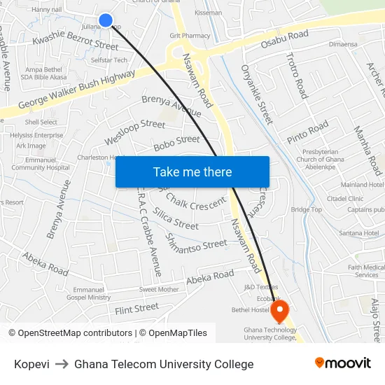 Kopevi to Ghana Telecom University College map