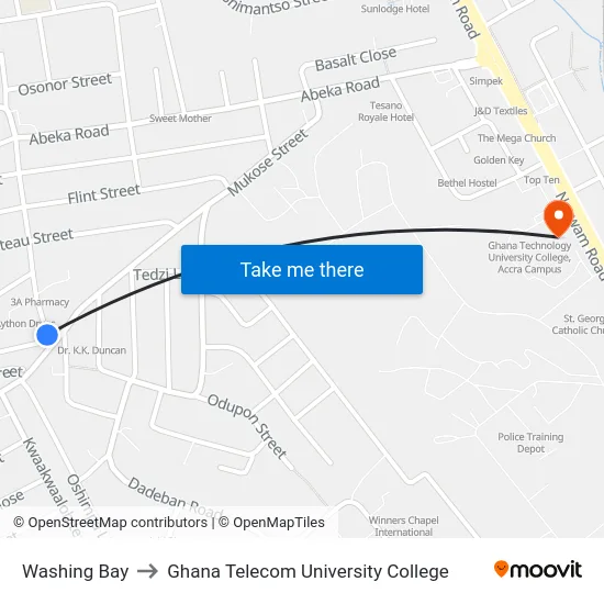 Washing Bay to Ghana Telecom University College map