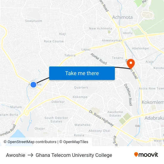 Awoshie to Ghana Telecom University College map