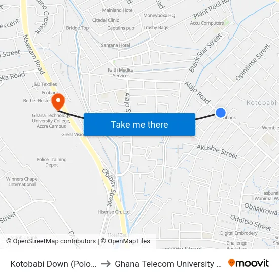 Kotobabi Down (Polo Park) to Ghana Telecom University College map