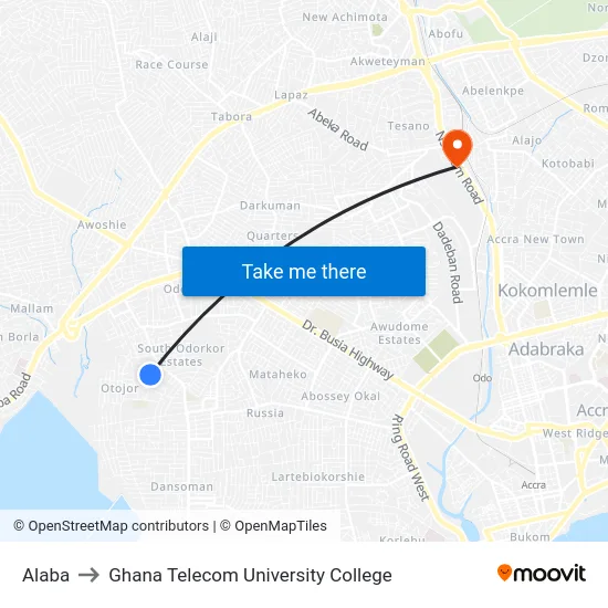 Alaba to Ghana Telecom University College map