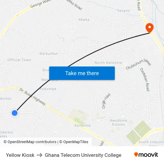 Yellow Kiosk to Ghana Telecom University College map
