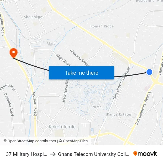 37 Military Hospital to Ghana Telecom University College map