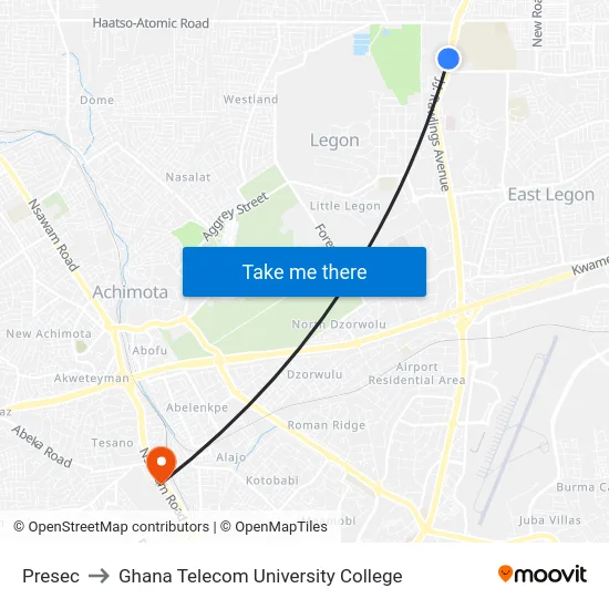 Presec to Ghana Telecom University College map