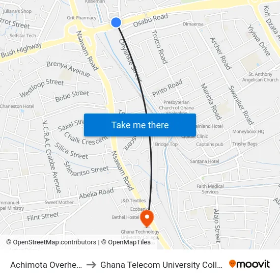 Achimota Overhead to Ghana Telecom University College map
