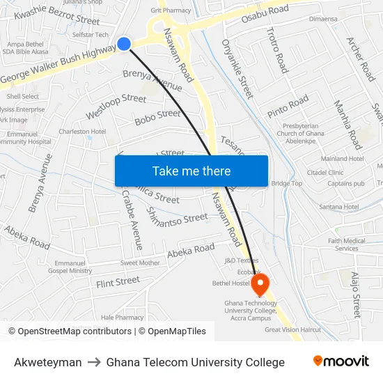 Akweteyman to Ghana Telecom University College map