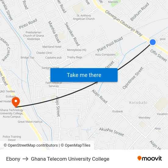 Ebony to Ghana Telecom University College map