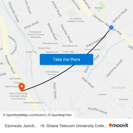 Dzorwulu Junction to Ghana Telecom University College map