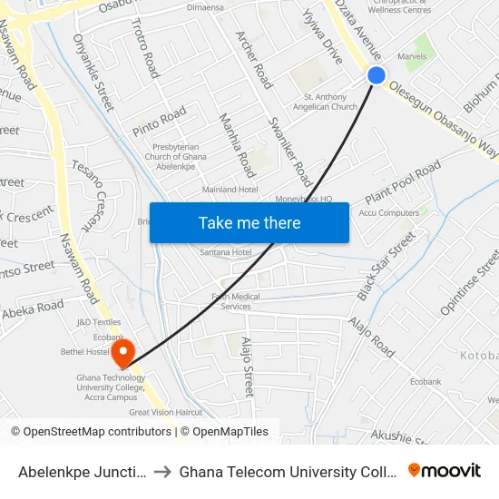 Abelenkpe Junction to Ghana Telecom University College map
