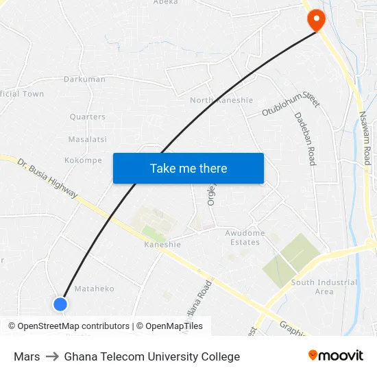 Mars to Ghana Telecom University College map