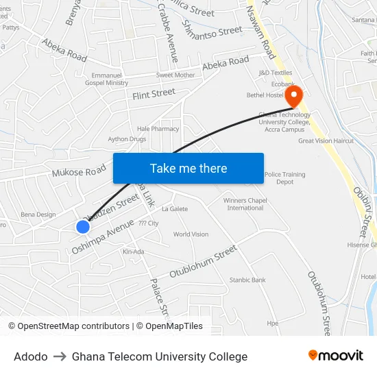 Adodo to Ghana Telecom University College map