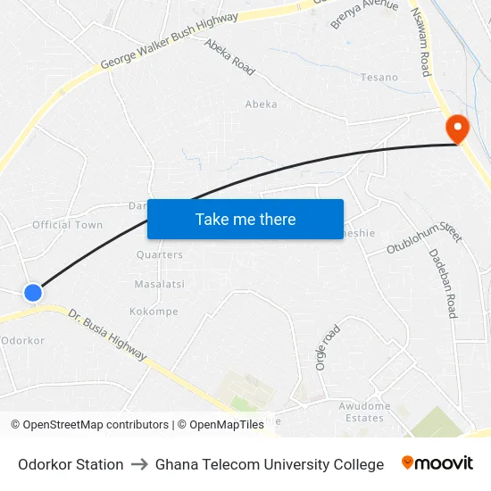 Odorkor Station to Ghana Telecom University College map