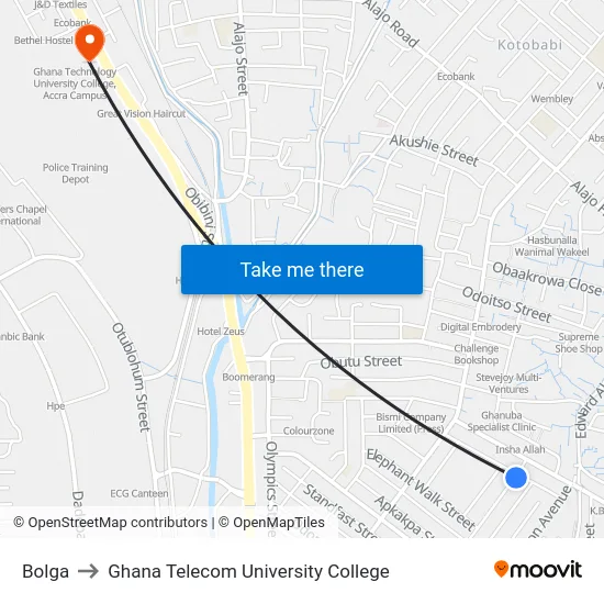Bolga to Ghana Telecom University College map