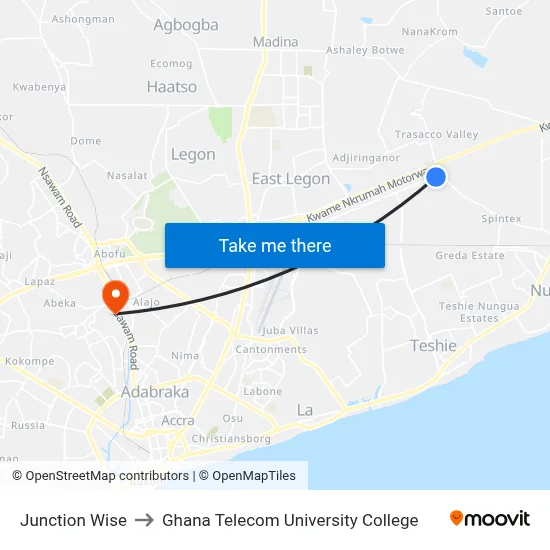 Junction Wise to Ghana Telecom University College map