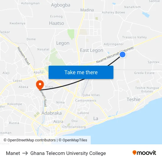 Manet to Ghana Telecom University College map