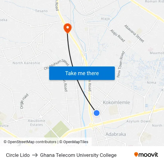 Circle Lido to Ghana Telecom University College map