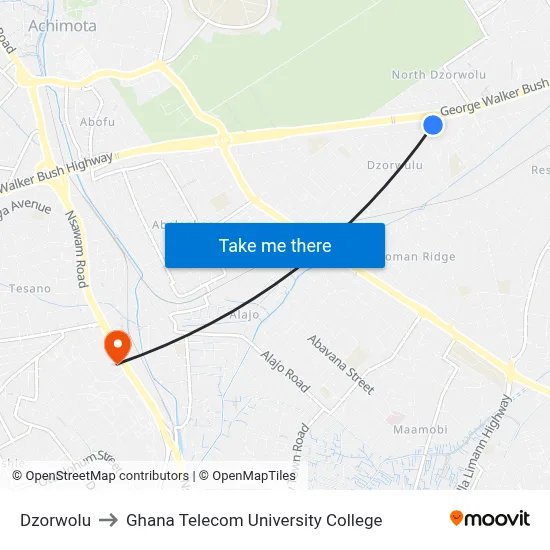 Dzorwolu to Ghana Telecom University College map