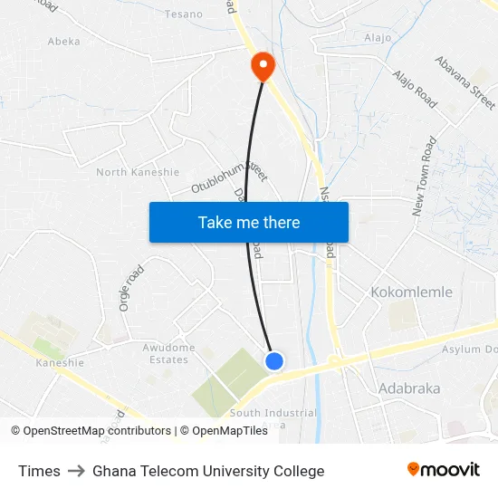 Times to Ghana Telecom University College map