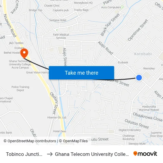 Tobinco Junction to Ghana Telecom University College map