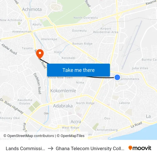 Lands Commission to Ghana Telecom University College map