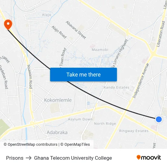 Prisons to Ghana Telecom University College map