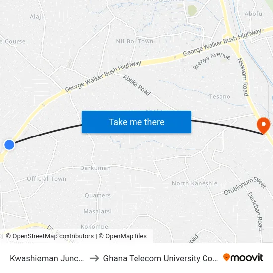 Kwashieman Junction to Ghana Telecom University College map