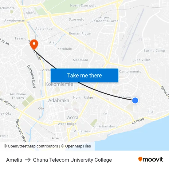 Amelia to Ghana Telecom University College map
