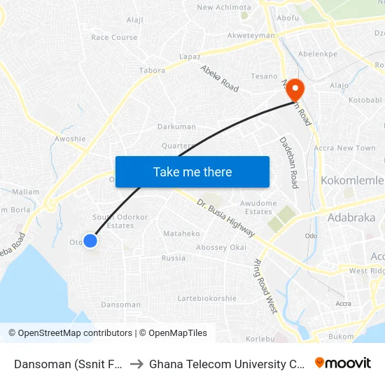 Dansoman (Ssnit Flats) to Ghana Telecom University College map