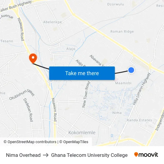 Nima Overhead to Ghana Telecom University College map