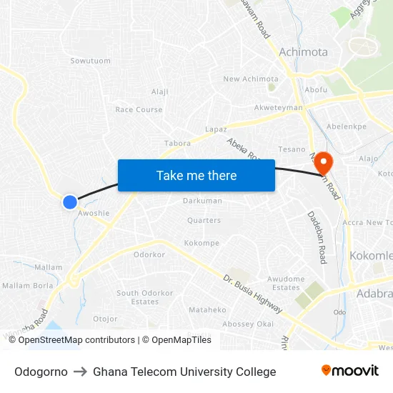 Odogorno to Ghana Telecom University College map