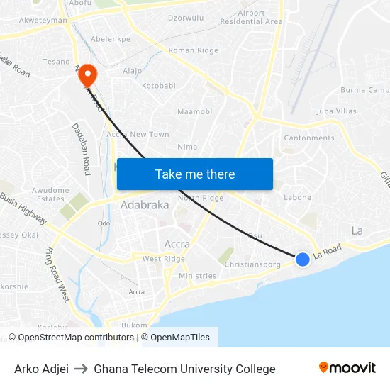 Arko Adjei to Ghana Telecom University College map