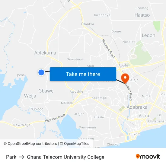 Park to Ghana Telecom University College map