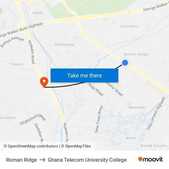 Roman Ridge to Ghana Telecom University College map