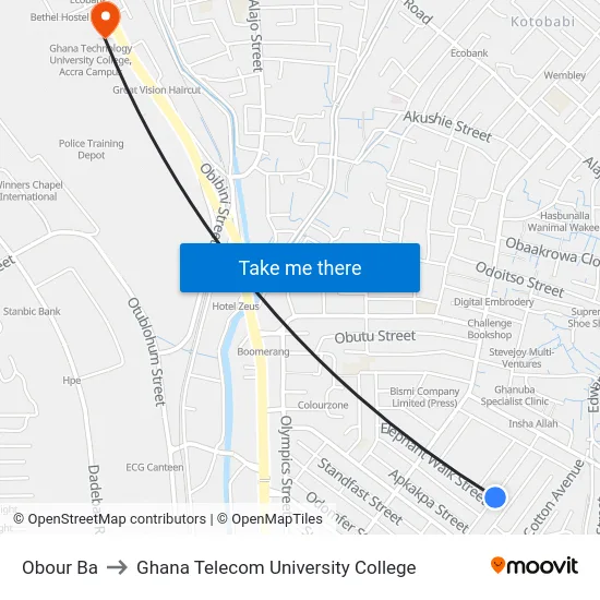 Obour Ba to Ghana Telecom University College map