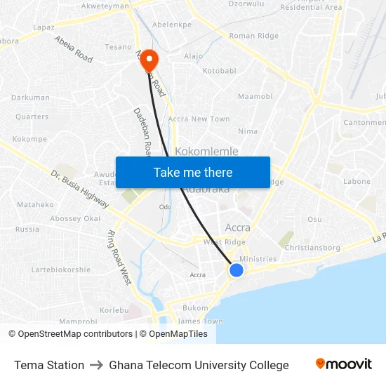 Tema Station to Ghana Telecom University College map